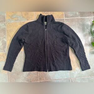 Eddie Bauer Sweater Womens XL Black 100% Lambswool Cable Knit Full Zip